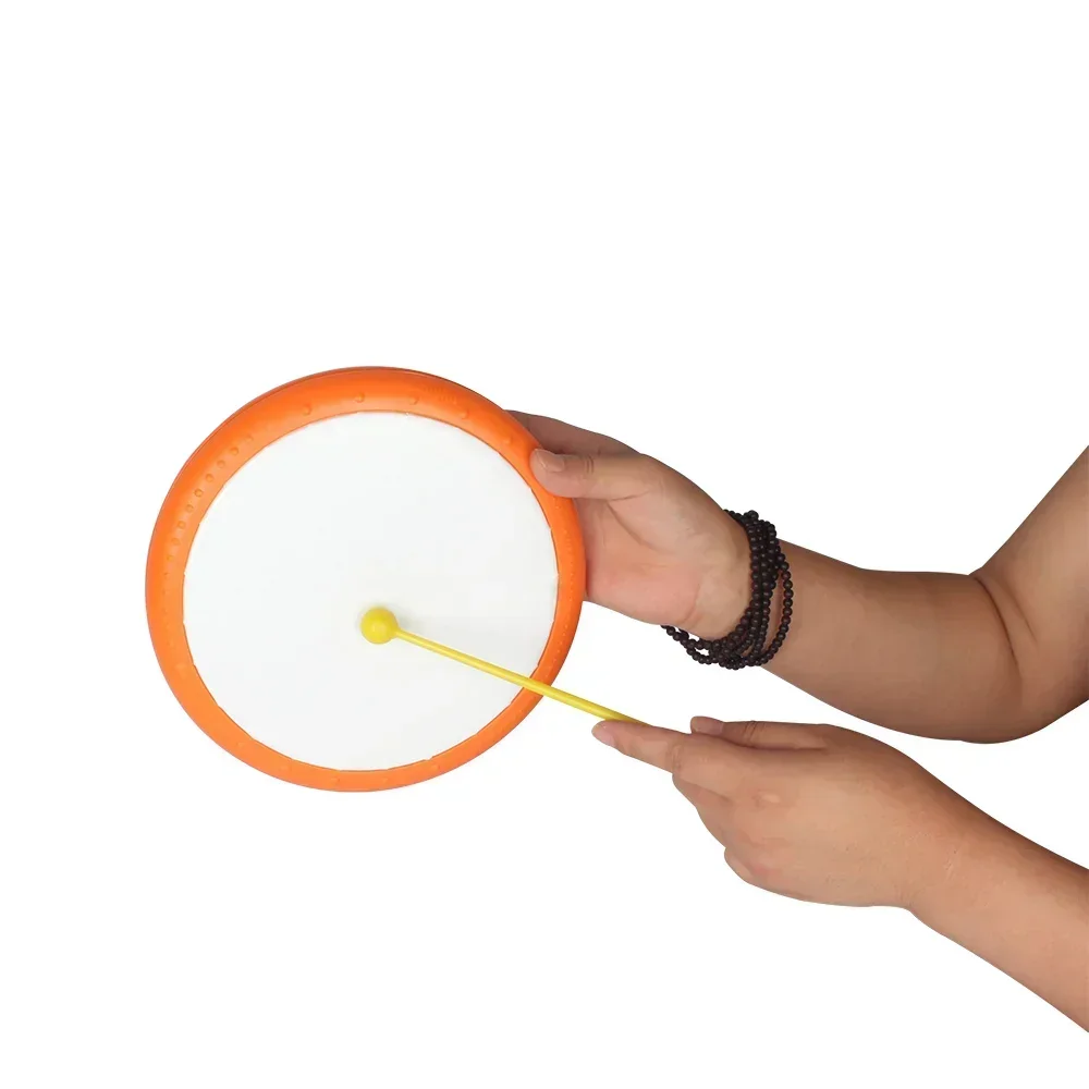 Orff Tambourine Drums Orange Plastic Drum Tambourine With Drumsticks Rhythm Practice Portable Percussion Musical Instrument