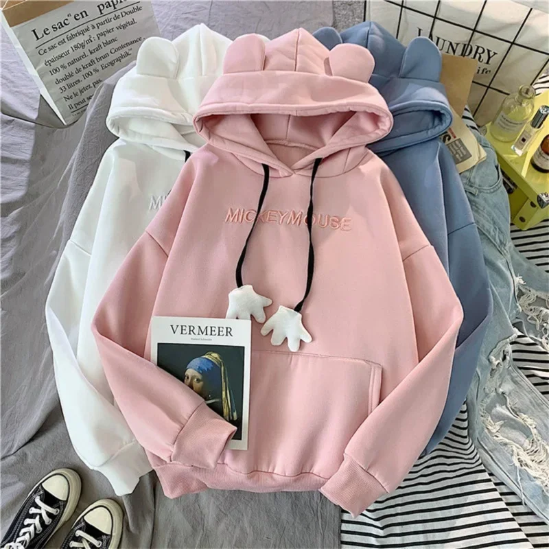 Women Solid Color Casual Loose Winter Hoodies Tops 2023 Animal Ear Street Style Sweatshirt Female College Plush Pullover Autumn