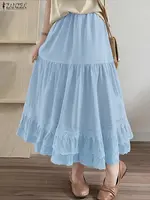 ZANZEA Elegant Women Maxi Skirts 2025 Fashion Ruffled Long Bottoms Casual Solid Lace Party Elastic Waist Jupes Faldas Saia - Image 3
