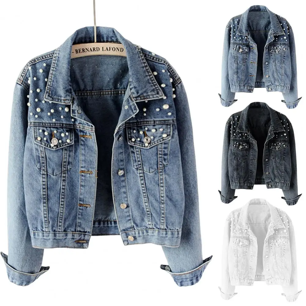 Imitation Pearl Women Denim Jacket Pearl Beads Decor Casual Long Sleeve Lapel Chest Pocket Jean Jacket Cardigan Coat Streetwear 2021 new arrival sexy hole vintage slim cotton long sleeve jean jacket for women blue ripped denim jacket casual loose coat ddlg