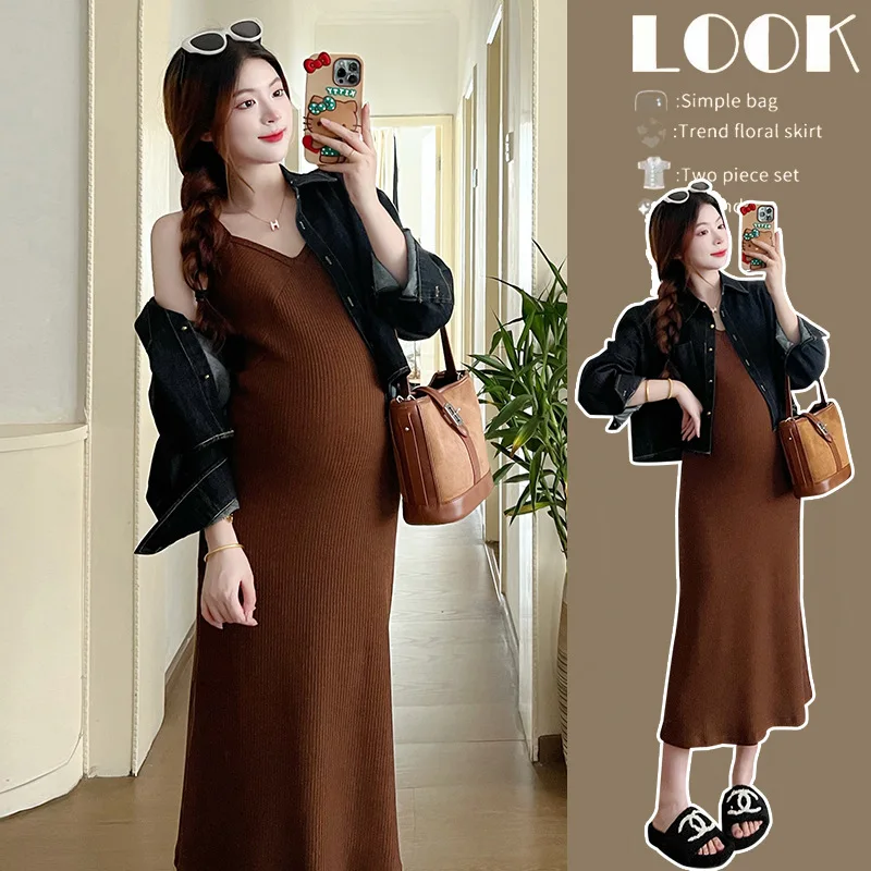 

Maternity Dresses New Spring Autumn Clothes For Pregnant Women Denim Jacket & Plus Size V Neck Sling Dress Pregnancy Dresses