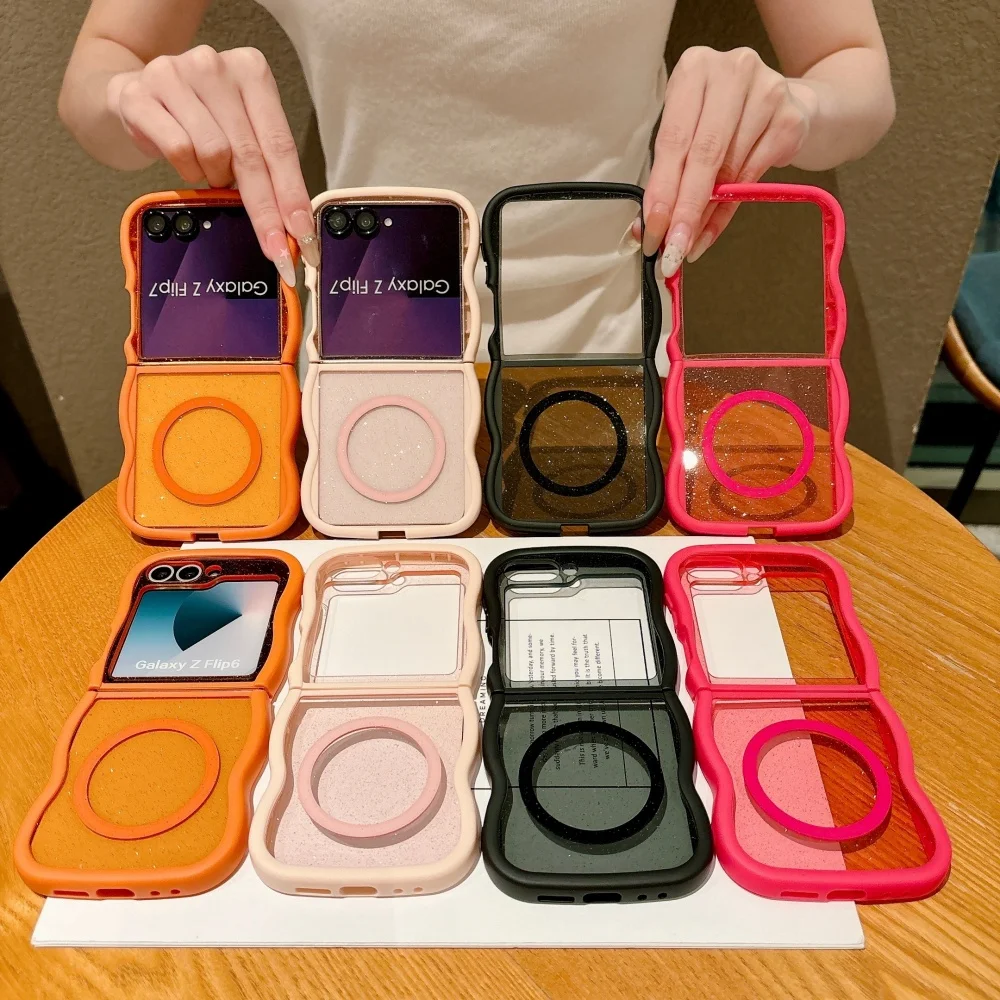 Luxury Transparent Glitter Case with Magnetic Wave Border, Shockproof Cover