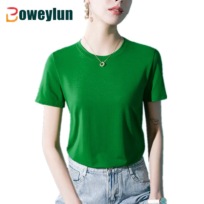 

Boweylun Cotton Loose Casual T-Shirt Women Breathable Sweat Absorbent Solid Color Short Sleeve Tops Girls