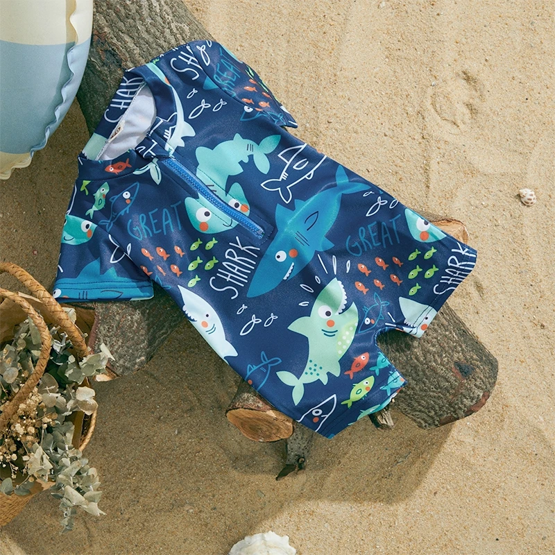 Toddler Baby Boys Shark Printed Swimwear Kid Children Beachwear Short Sleeve Zipper Bathing Suit Infant Swimsuit