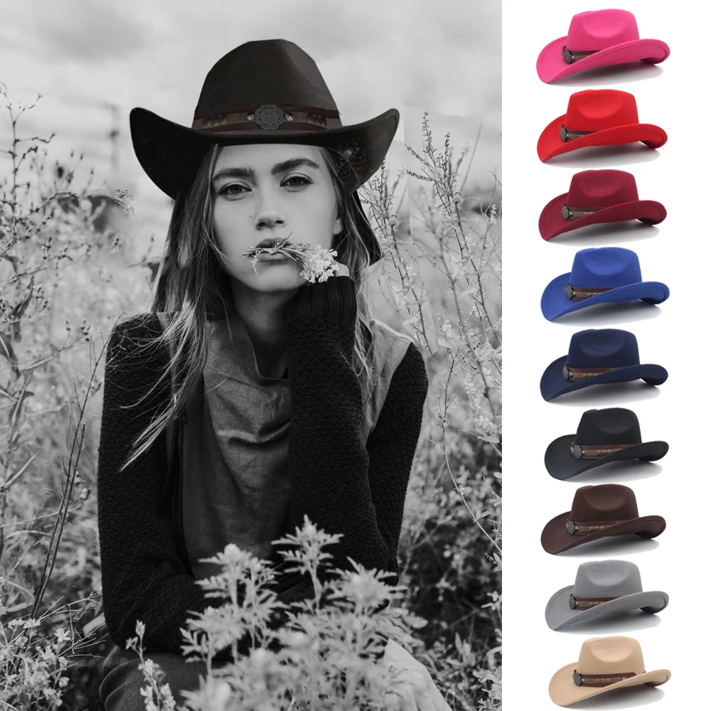 

3 Sizes Parent-child Men Women Kids Children Woolen Western Cowboy Hat Wide Brim Sunhat Party Travel Outdoor Cap Classical Retro