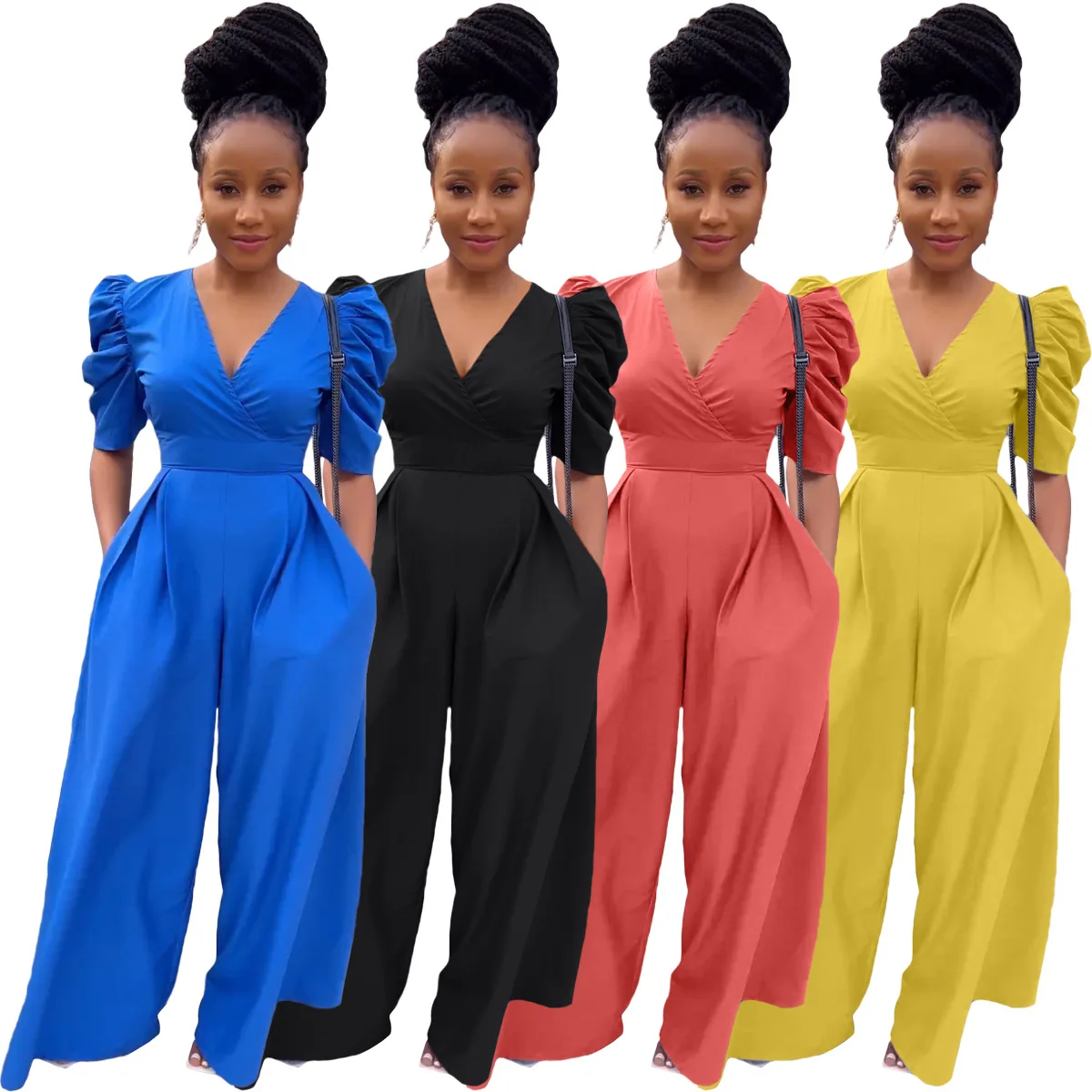 

Spring New Casual Women's Jumpsuit Pleated V-neck Solid Color Loose Wide-leg Pants Office Fashion Short-sleeved Trousers