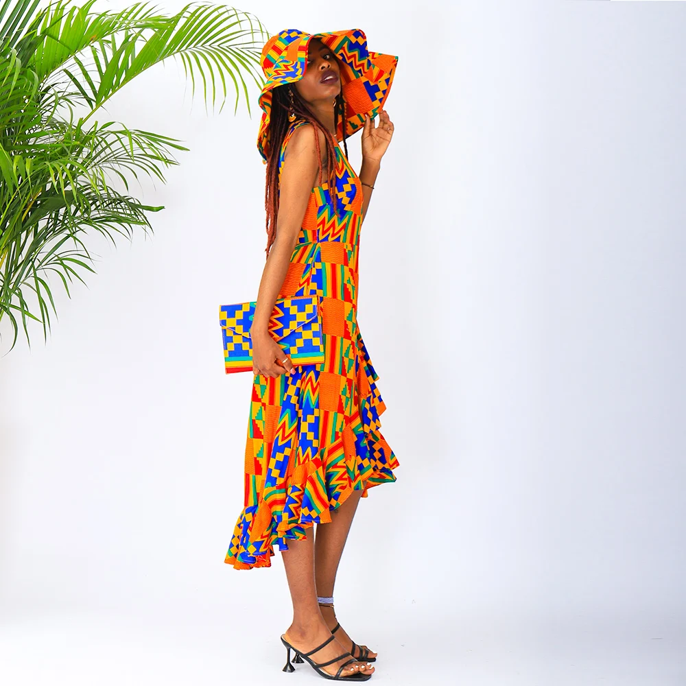 African Dresses For Women Robe Africaine Femme Fashion Kente Print Dresses Cotton Material Sexy Sleeveless Party Dress