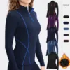 Women's Winter Plush Fitness Running Yoga Suit Long Sleeve Elastic Tight Stand Sports Sweatshirt Top Front Zip Athletic Pullover 1