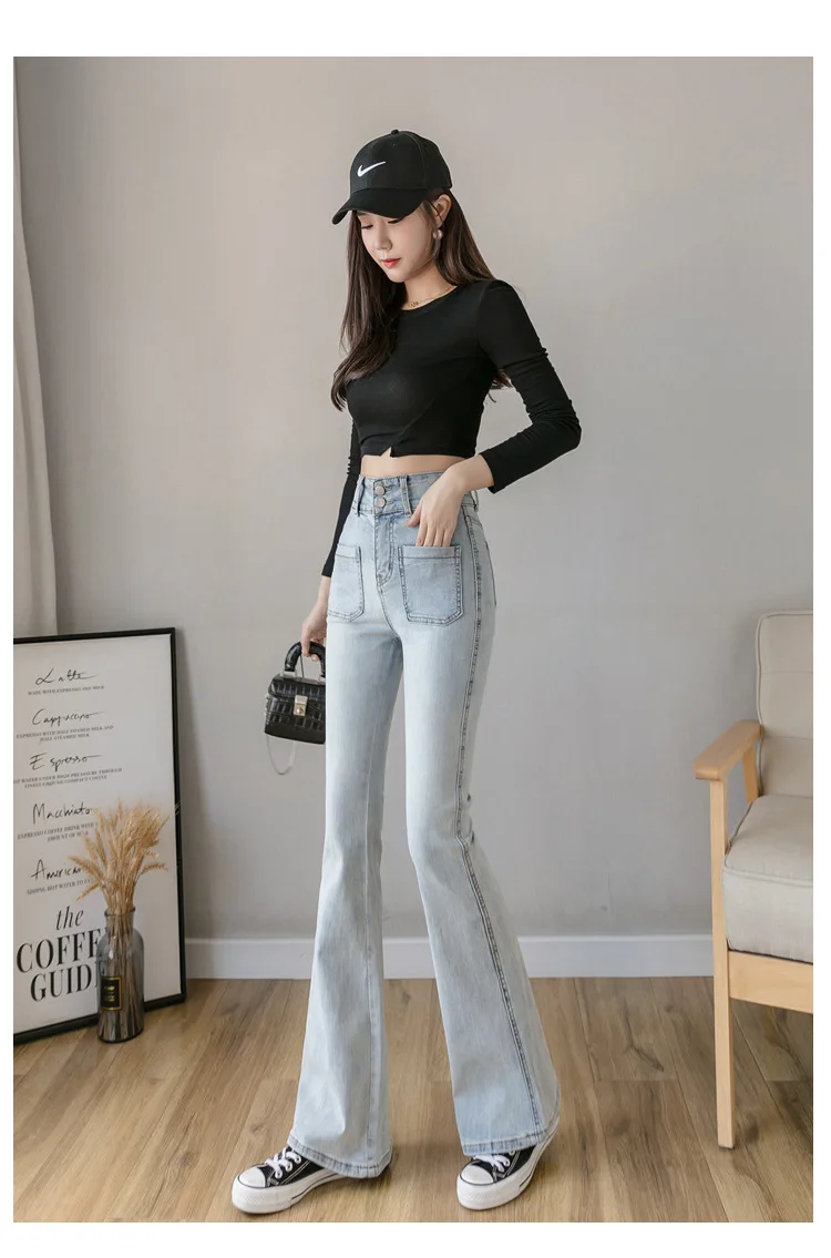2022 Spring And Autumn New Flared Pants Womens High-Waisted Drape Jeans Stretchy Slim Fit Slim And Slim Long Pants Women low rise jeans