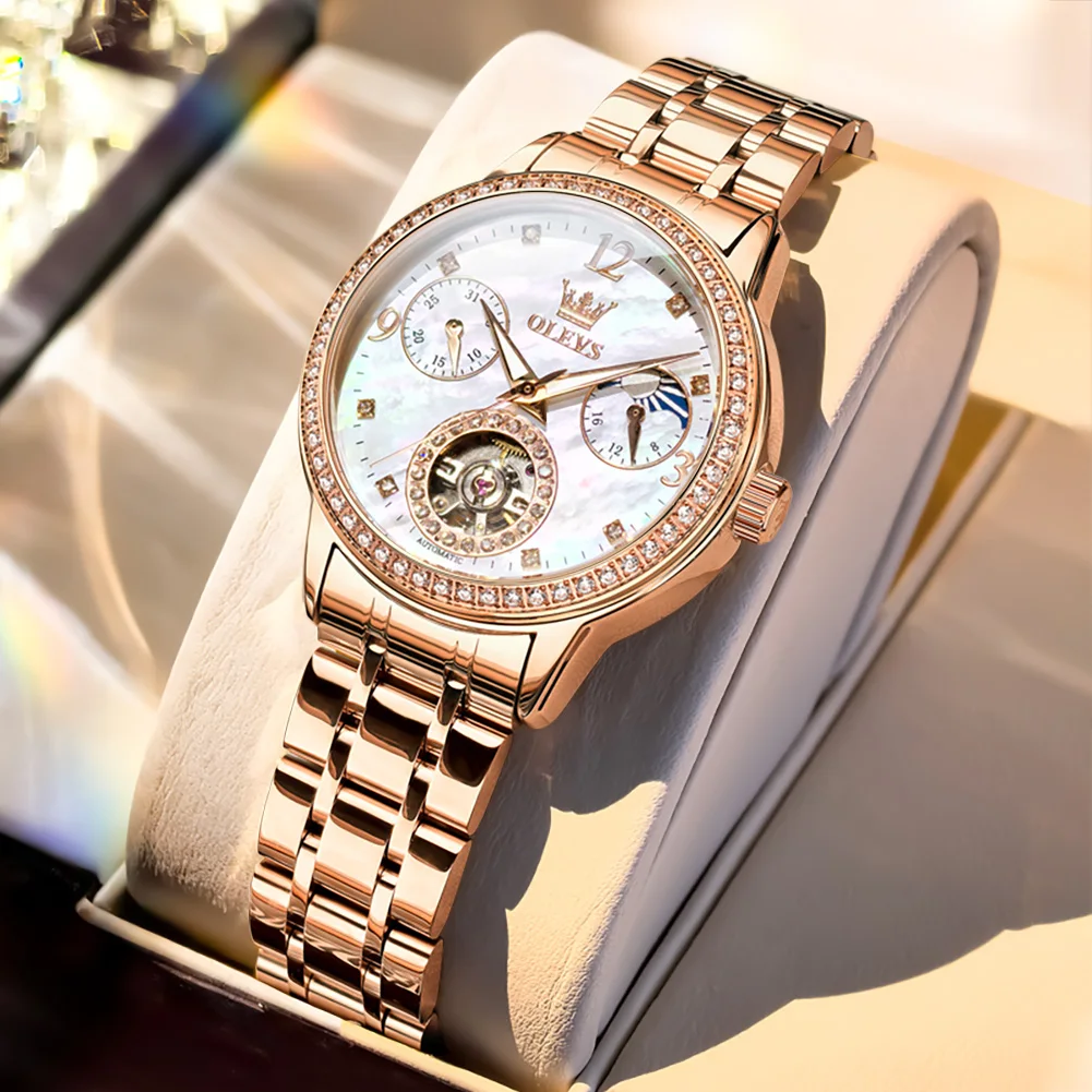 Montres mécaniques pour femmes de la marque OLEVS, montres squelette de luxe avec tourbillon, lunette sertie de diamants, phase lunaire, montres automatiques pour femmes 1