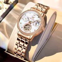 Montres mécaniques pour femmes de la marque OLEVS, montres squelette de luxe avec tourbillon, lunette sertie de diamants, phase lunaire, montres automatiques pour femmes 1