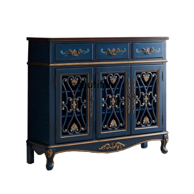 

American-Style Solid Wood Painted Large Capacity Shoe Cabinet Vintage Dining Side Storage Hallway Locker Door Entrance Cabinet