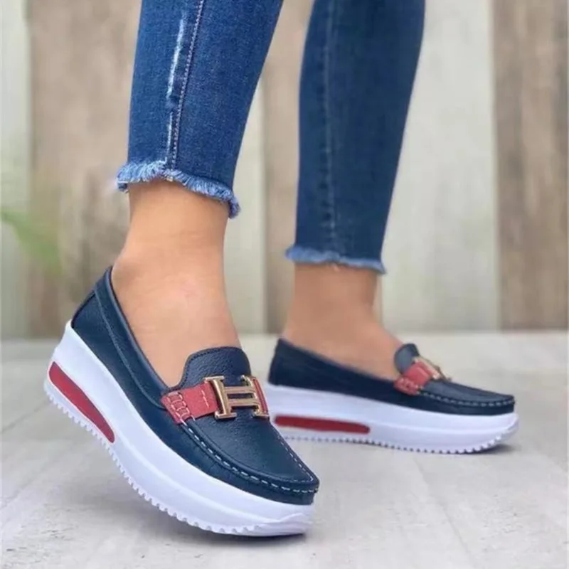 Women's Vulcanized Shoes Summer New 2024Round Toe Leather Women's Sports Shoes Outdoor Flat Sports Women's Flat Shoes Large Size 6
