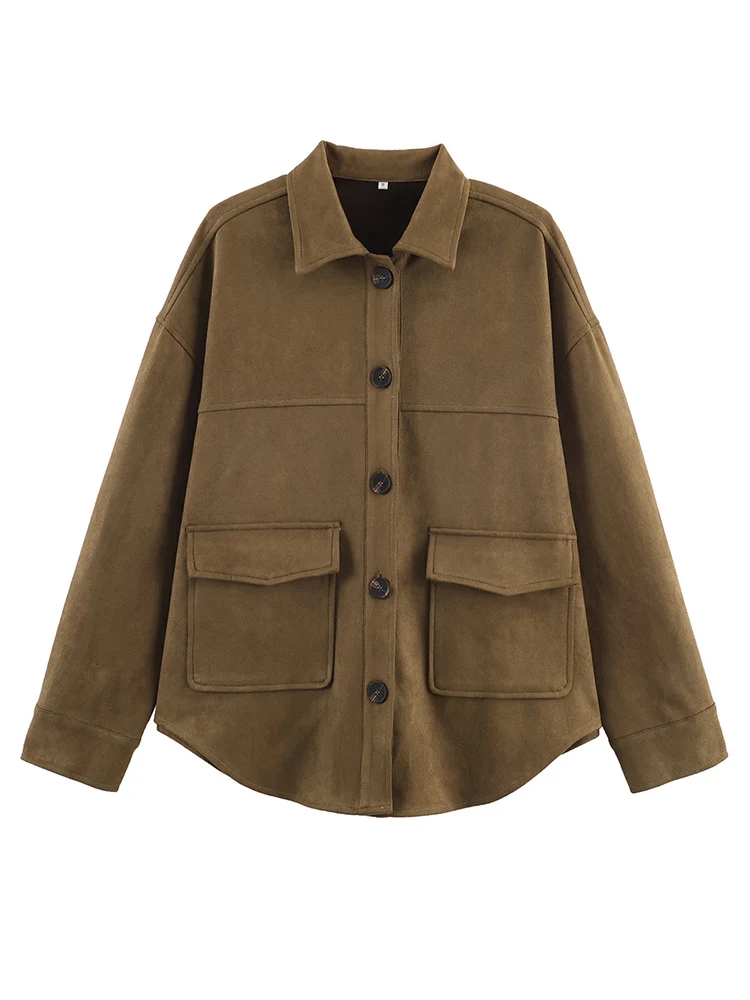 2026 Spring Autumn Women Single Breasted Oversized Suede Shirt Coats Casual Pocket Decoration Lapel Loose Jacket Female