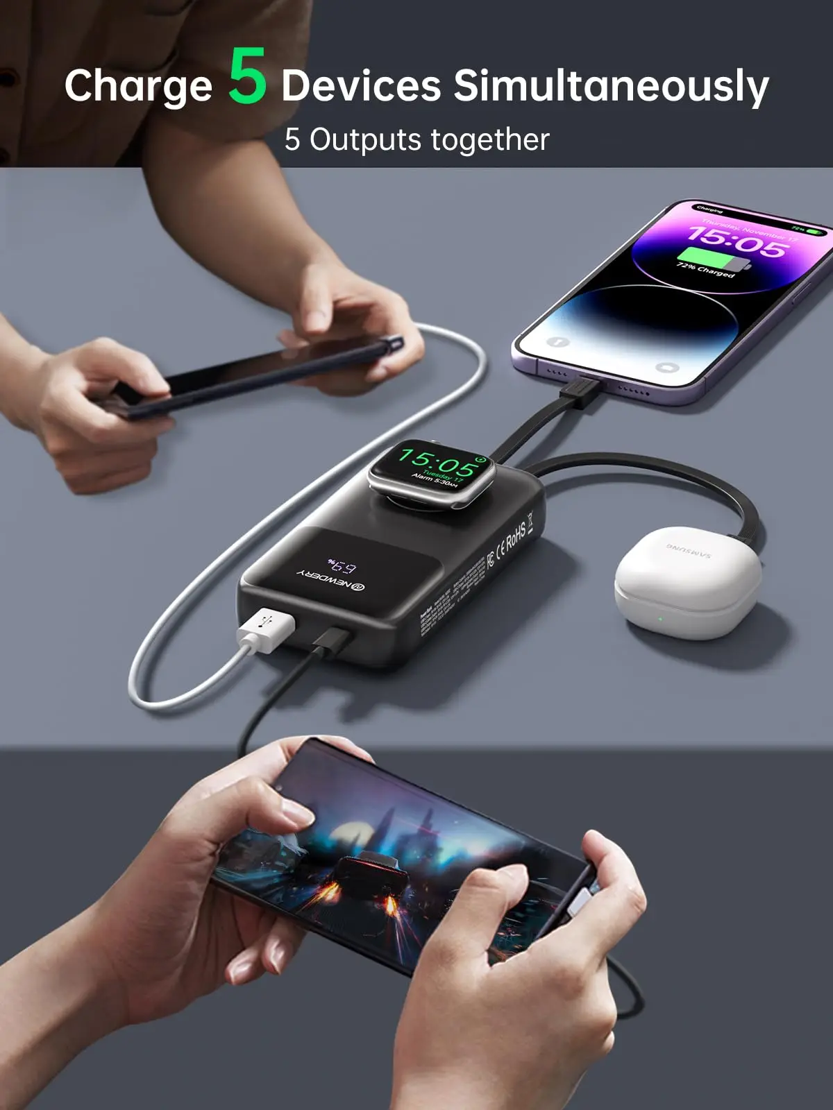 NEWDERY Travel Battery Pack 20000mAh Portable Charger for All iWatch, iPhones,Samsung Power Bank Built-in Cables Fast Charging 4