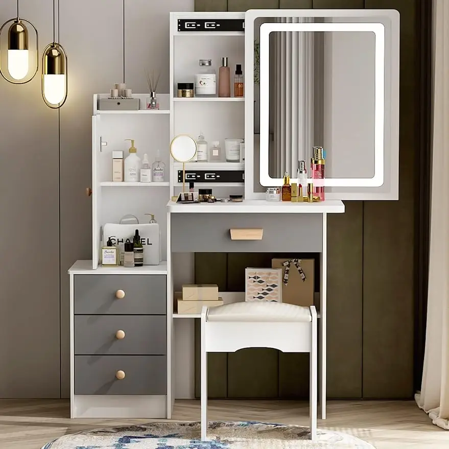 

AGOTENI Small Vanity Table Makeup Vanity Dressing Table with Mirror, 4 Drawers & Shelves, Dressing Desk and Cushioned Stool