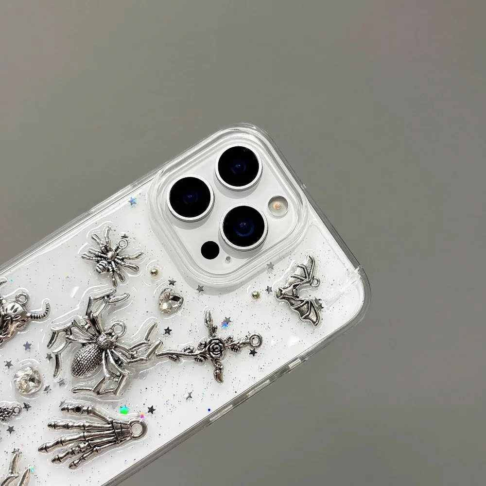 Retro Gothic 3D Metal Spider Phone Case with Angel Epoxy Design