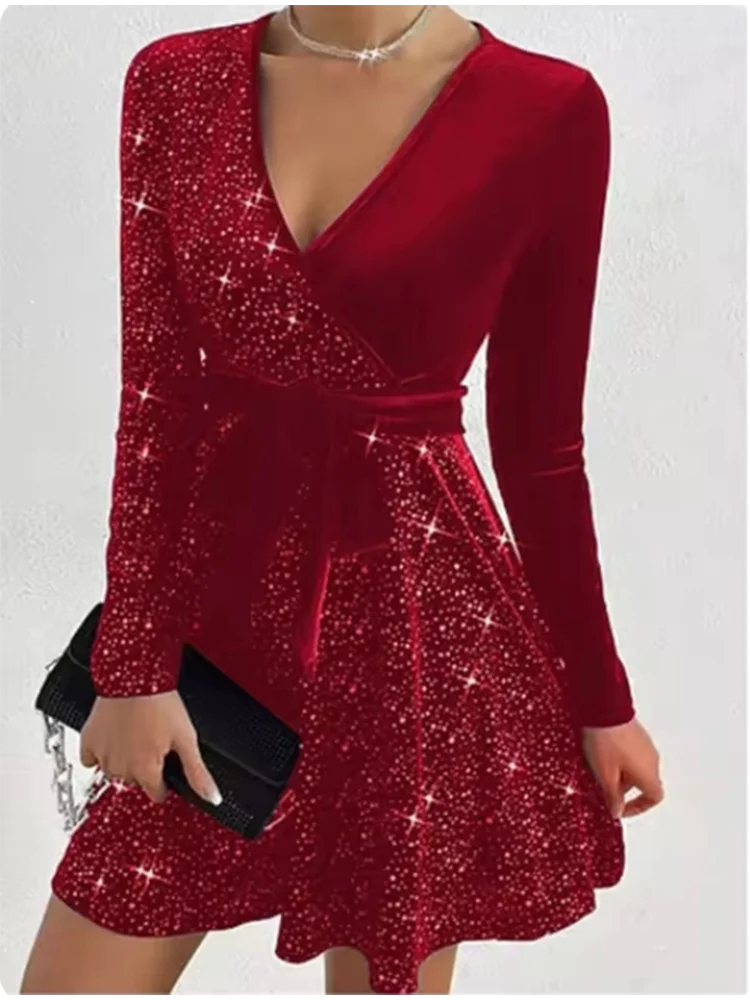 Women's V-neck Sexy Long Sleeved Sequined Solid Color Dress High Street Fashion Elegant Party Evening Dresses 4