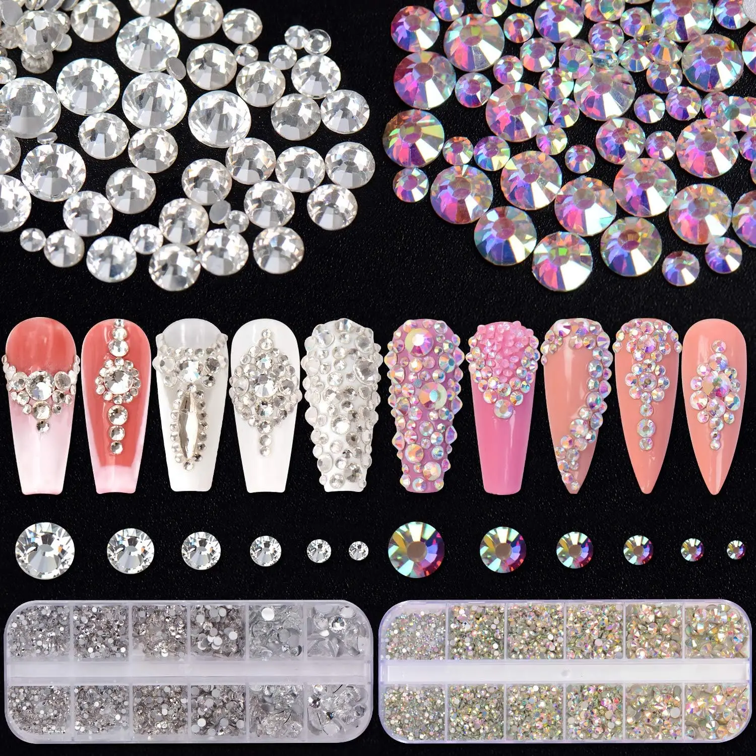 4000pcs/2 Box Glass Nail Rhinestones Kit Nail Gems Black/Gold Flat-back  Round Beads Charms for Crafts Nail Art DIY 6 Mixed Size*