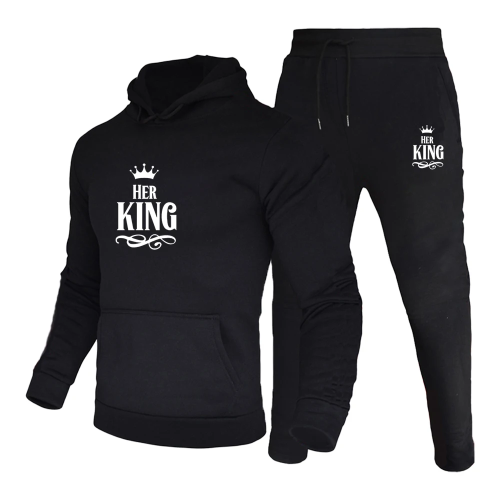 

Костюм спортивный мужской из 2 предметов, толстовка с капюшоном и штаны для бега, повседневная одежда с принтом HER KING, осень