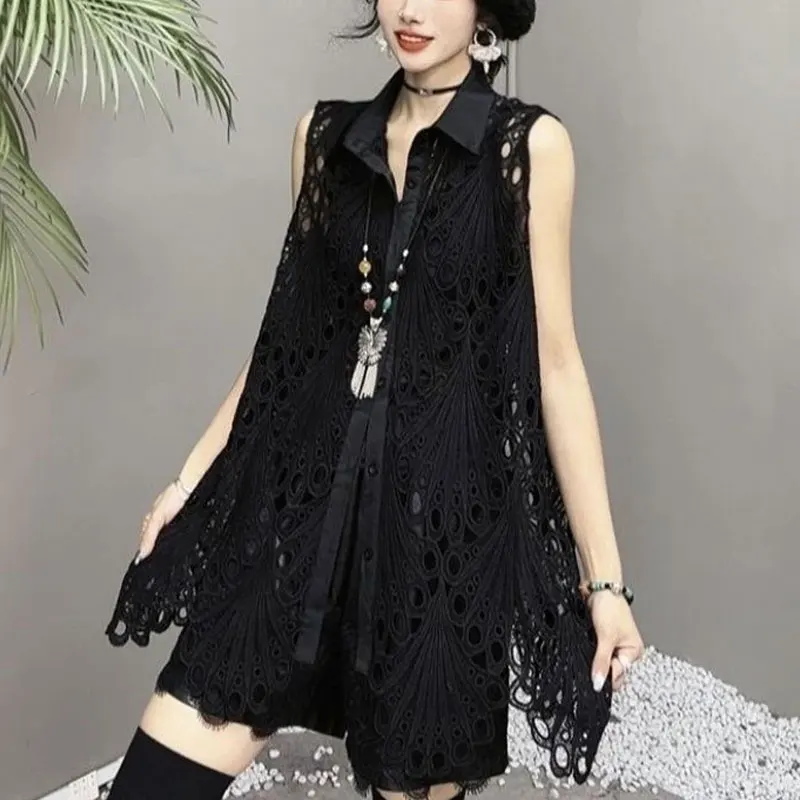 Korean Loose Stylish Hollow Out Blouse Spring Autumn Turn-down Collar Women's Clothing Sleeveless Commute Single-breasted Shirt