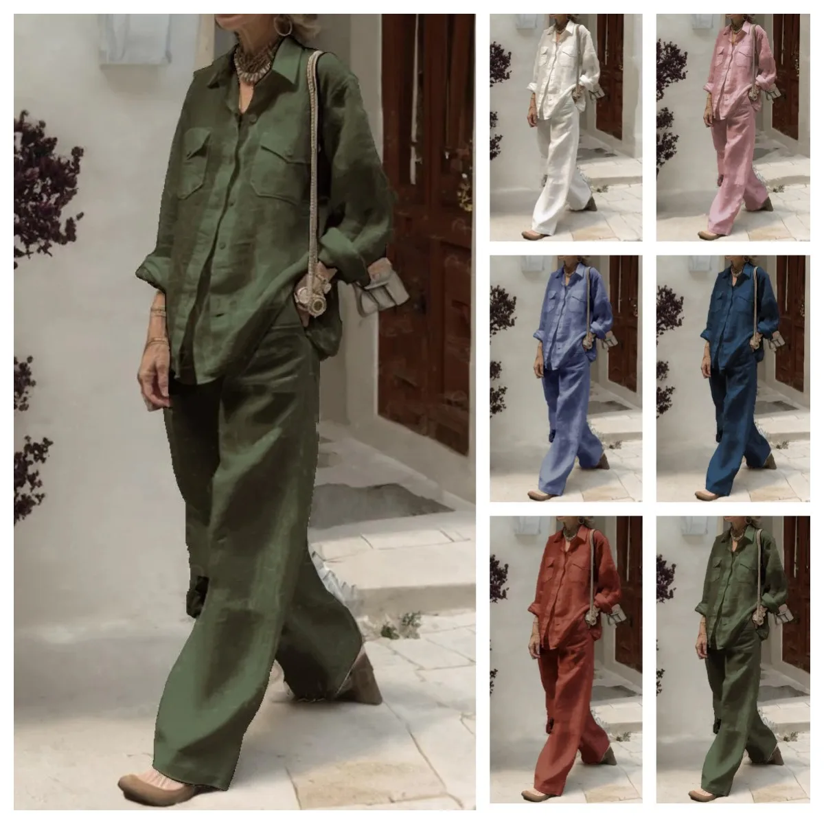 Casual Women Two Piece Button Blouse Shirt and Wide Leg Pant Suits