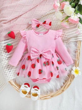 Baby girl autumn princess chiffon skirt strawberry print flying sleeves big bow design for birthday party wear