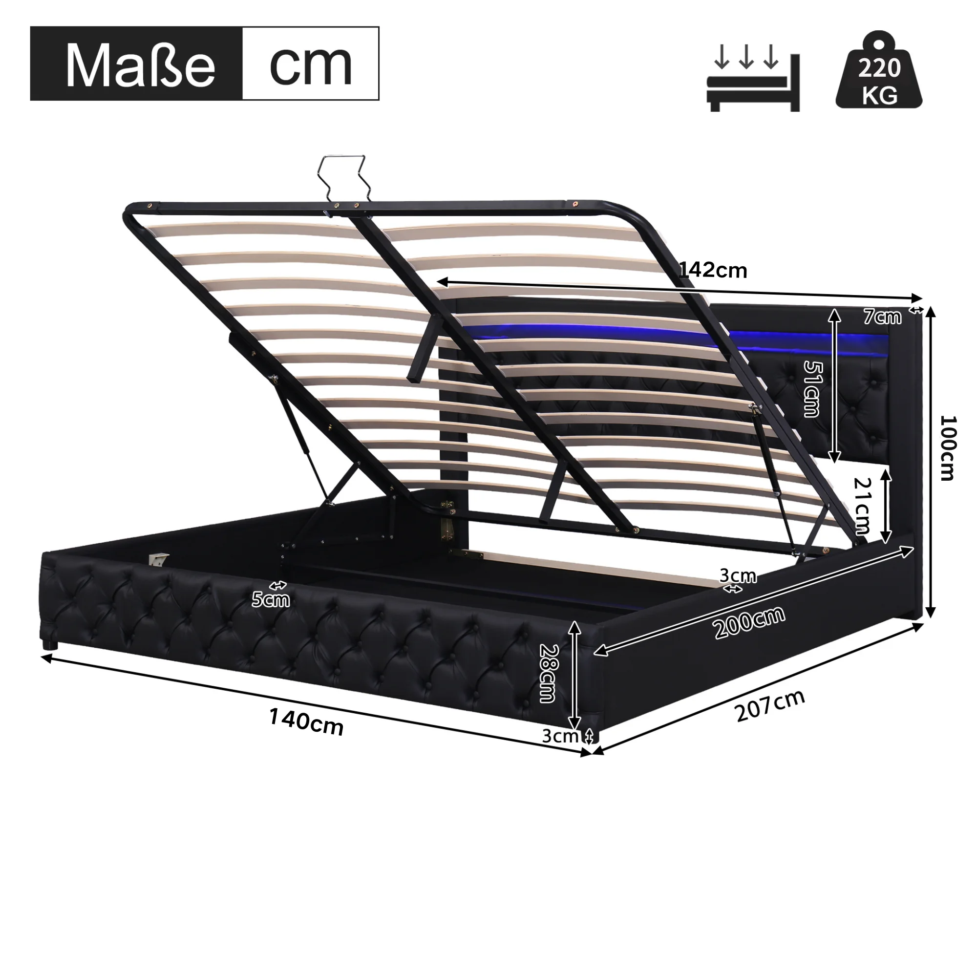 KOMHTOM PU-Funktionsbett, LED-Beleuchtung, Lattenrost, Stauraum – Detail 16