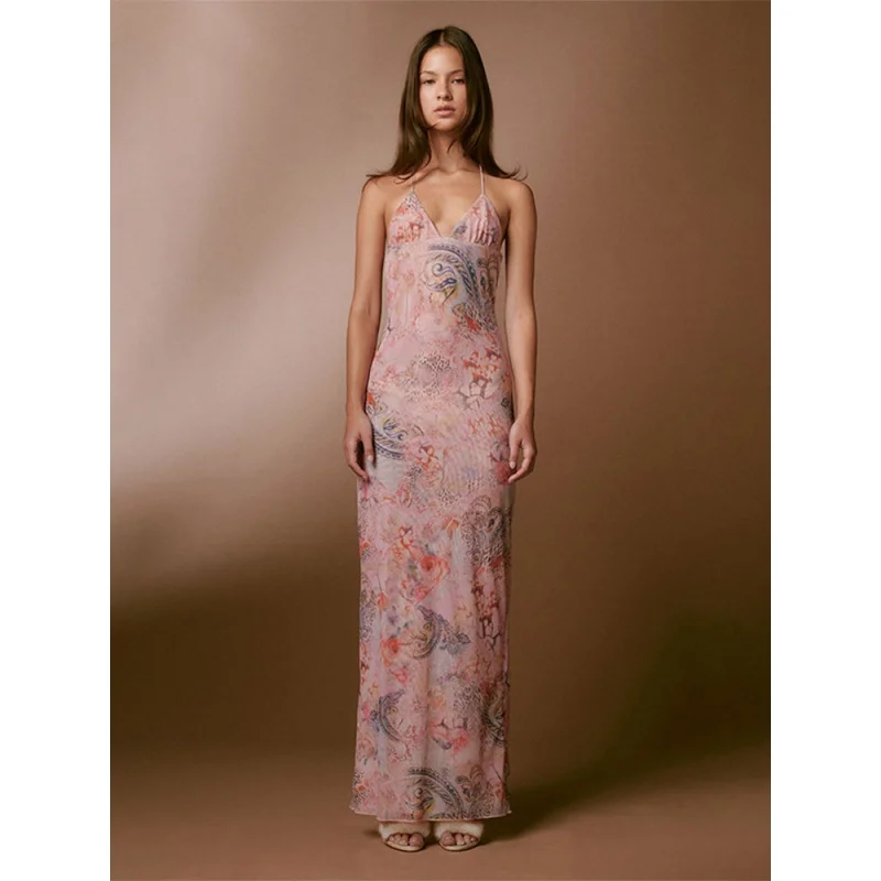 

Print Sling Back Butterfly Decoration Dress Women Off Shoulder Sleeveless Slim Long Robe Summer Female Sexy Beach Party vestidos