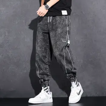 Men Loose Binding Korean Fashion Harlan Jeans Streetwear Drawstring Harajuku Baggy Denim Cargo Pants