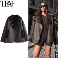 TRAF Fleeced Faux Leather Jacket Women Outerwears Vintage Cold Faux Wool & Blends Coats For Woman Autumn Winter Plush Jacket 1