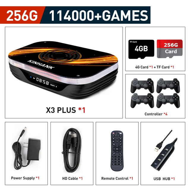 Kinhank Super Console X4 Plus 4 + 32G 3 en 1 60000 jeux 60 + émulateurs pour Console de jeu PS1/PSP/SS/DC/N64 sortie HD 1