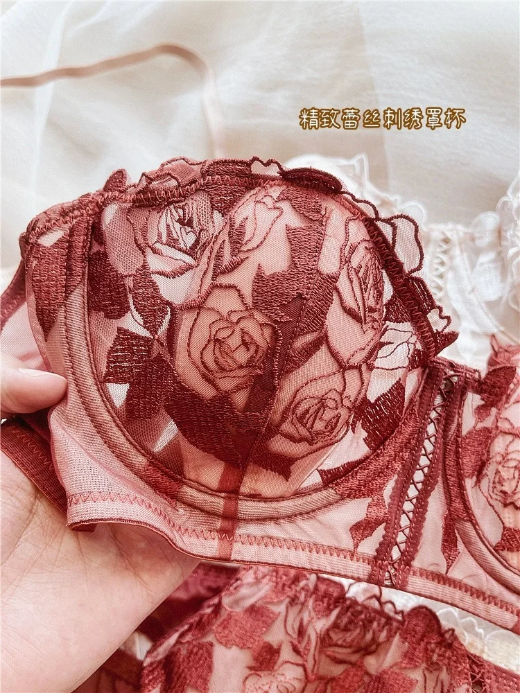Girls sexy lace lingerie embroidery mesh cotton pads bralette panty gathered bra soft steel ring underwear set