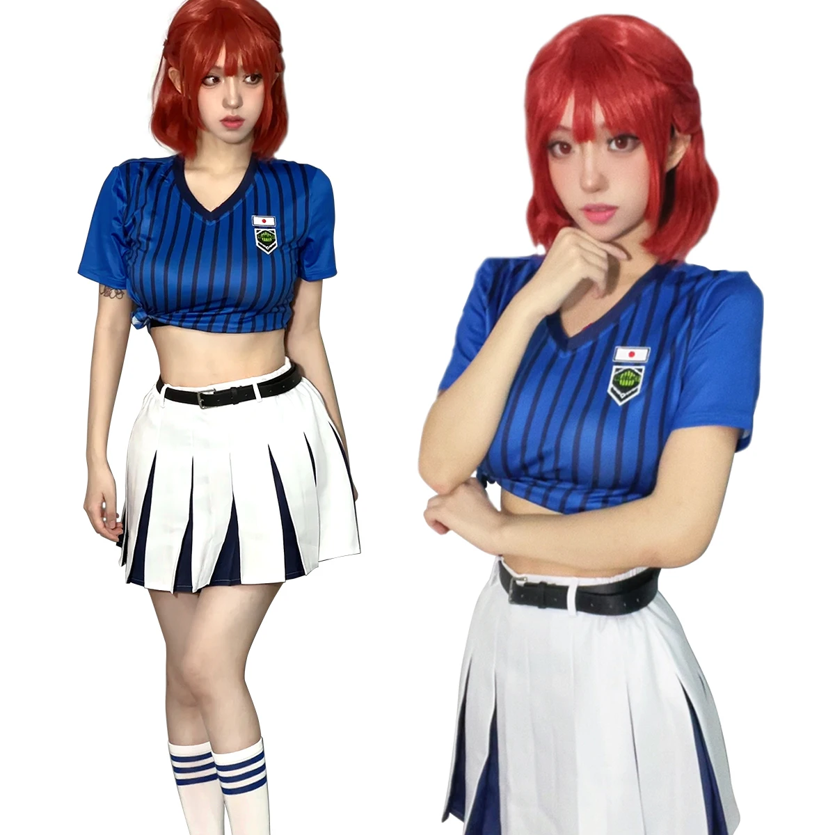 

HOLOUN Blue Lock Anime Anri Teieri Cosplay Costume Wig Cheering Squad Skirt Uniform Stripe T-shirt Stockings Rose Net Synthetic