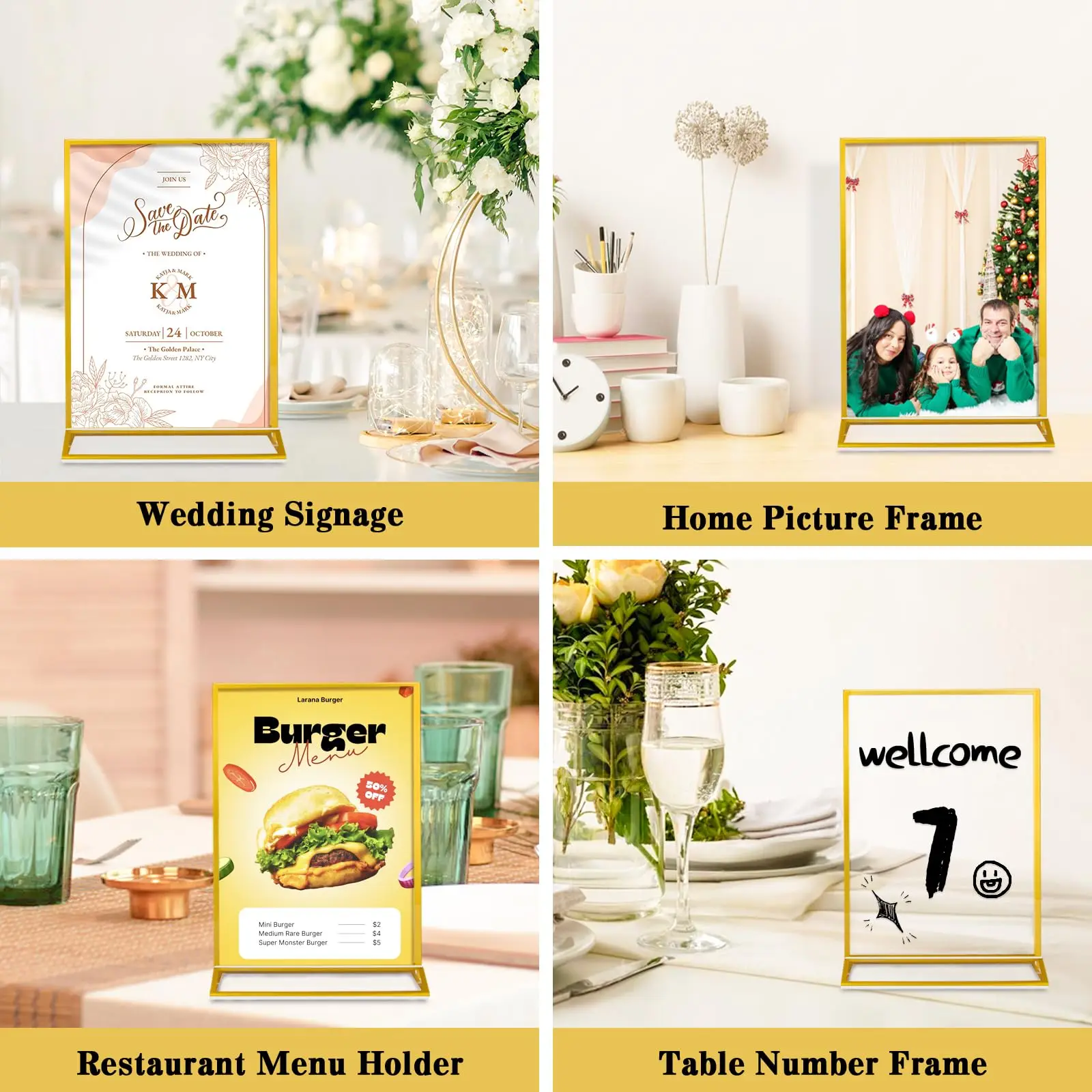 6-36 Transparent Acrylic Sign Holders Gold Picture Frames Double-sided Display Stand Wedding Number Plate Table Flyer Menu Card Rack