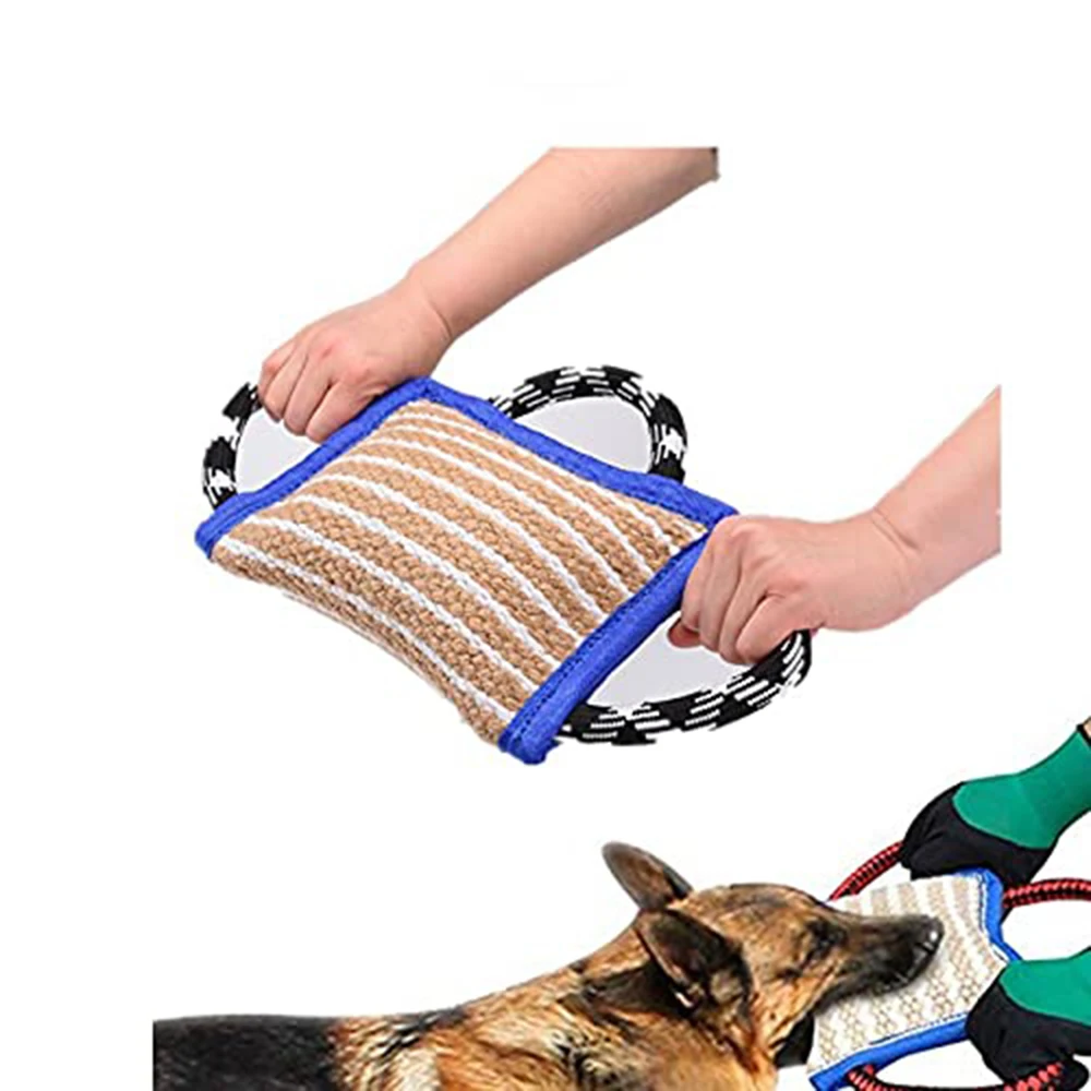 

Dog Training Bite Pillow Linen Blue Tug Toy with 3 Durable Handles, Tough Tug Toy for Medium to Large Dogs Interactive Playing