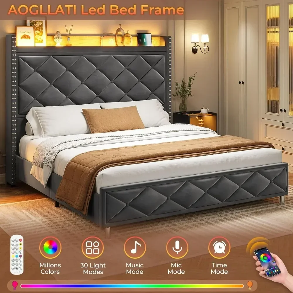King Size Bed Frame with Tall Headboard, Kings Size Bed Frame with Charging Station, Led Upholstered Bed Frame King 3