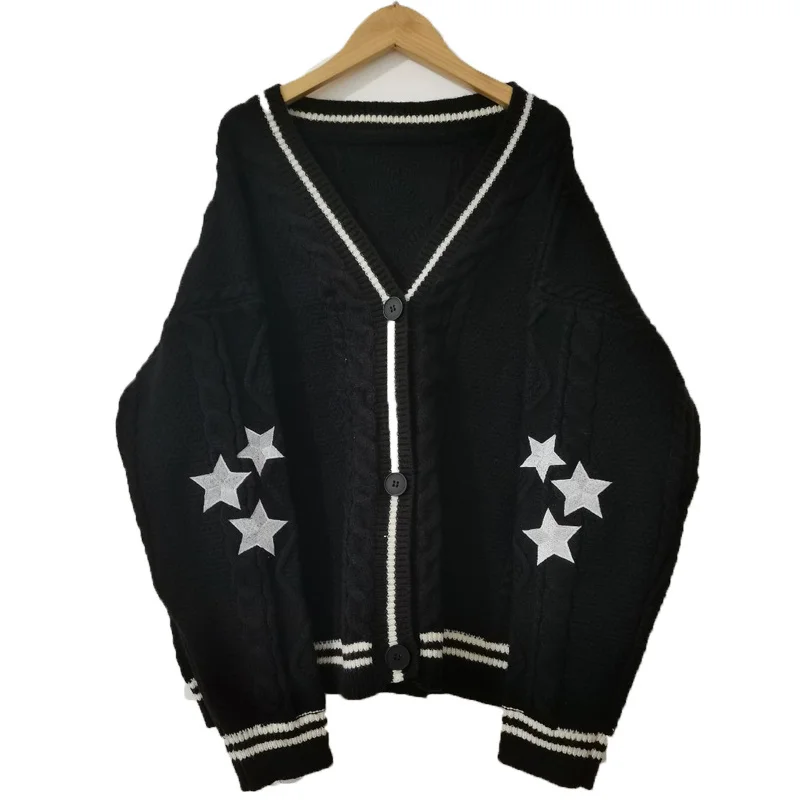 

2022 Fashion Autumn Star Embroidered Sweater Women Ins Style V-neck Single Breasted Casual Loose Knitted Sweater