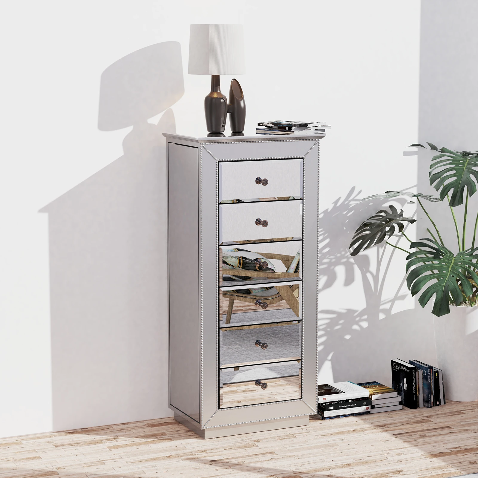 

[Flash Sale] шкаф для ювелирных изделий с серебристыми зеркальными 6 ящиками и 16 крючками для ожерелья, 2 боковые раздвижные двери [US-Stock]