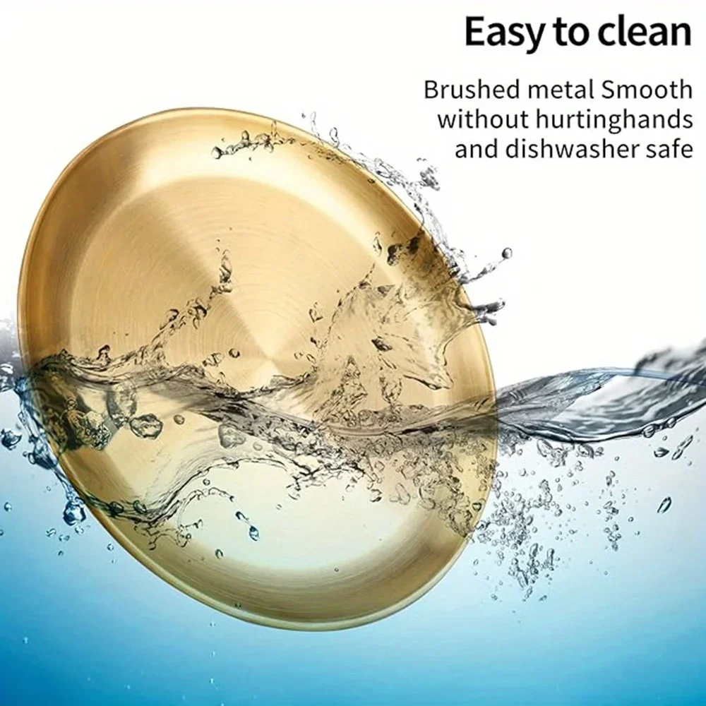 Dining Dish Gold Stainless Steels Round Plate Rust-Proof Shallow Tray 6Pcs
