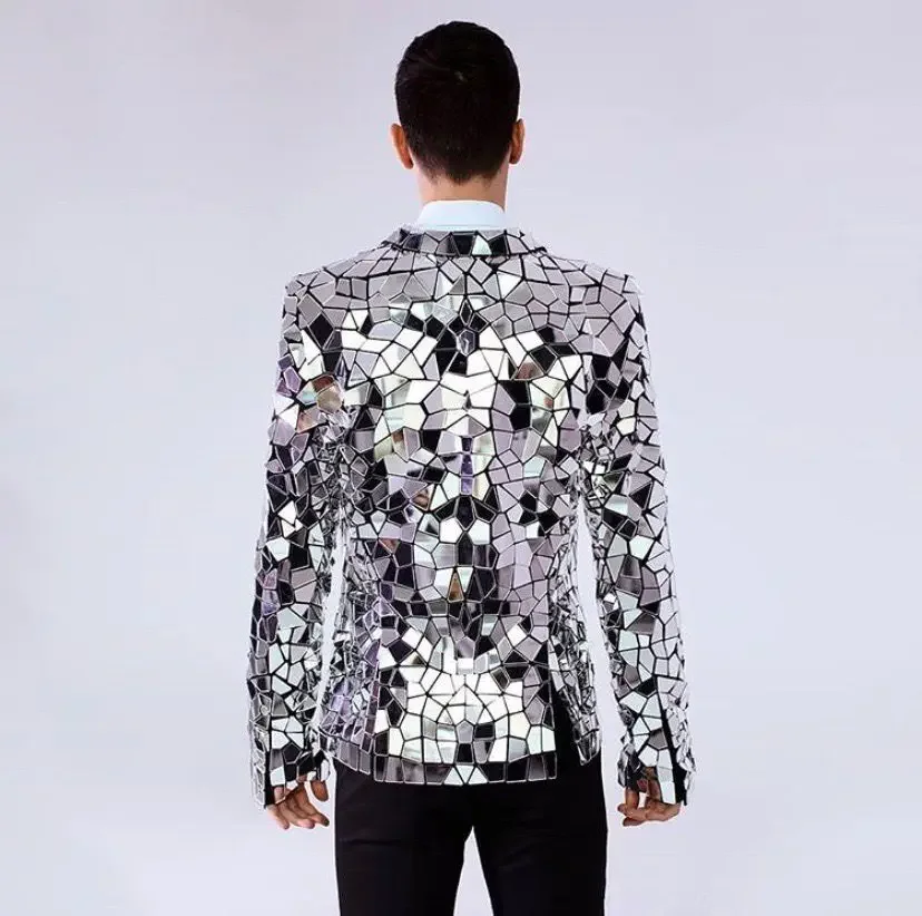 Celebrate Silver Mirror Jacket Glass Man Performance Costume Shiny Mirror Diamond Suit Coat Star Blazers