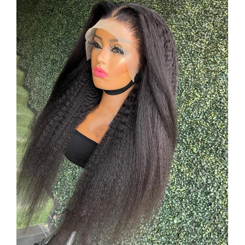 

Soft 26inch Yaki Long Nature Black Kinky Straight 180Density Lace Front Wig For Black Women BabyHair Glueless Preplucked