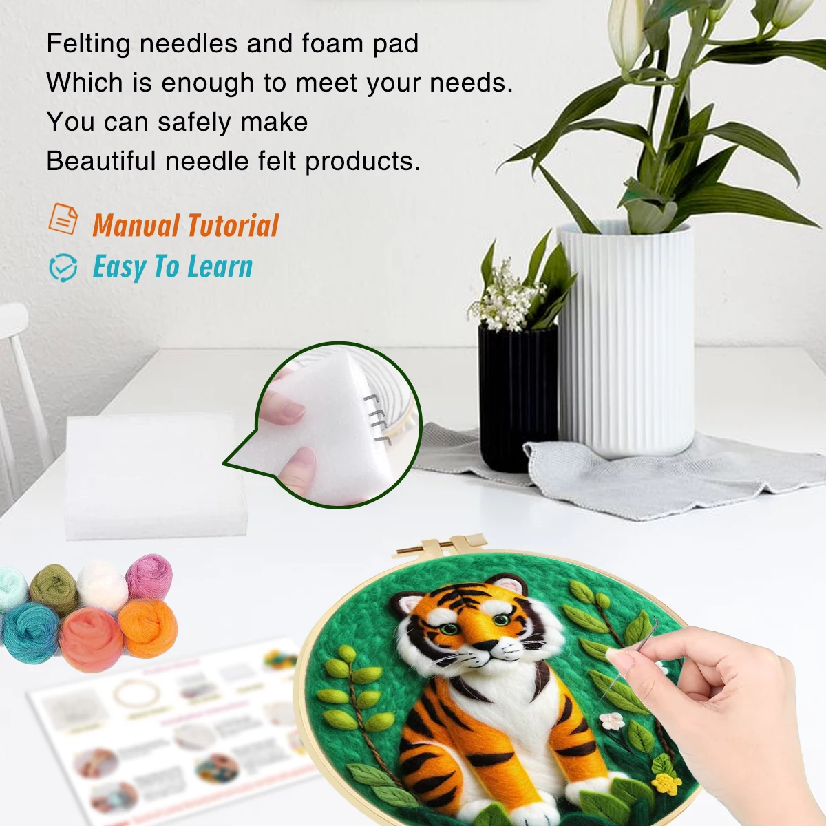 SDOYUNO Needle Felt Starter Set Wool Painting flower Scenery Animal Includes Wool Bag Felting Needles Foam Pad Felt Cloth
