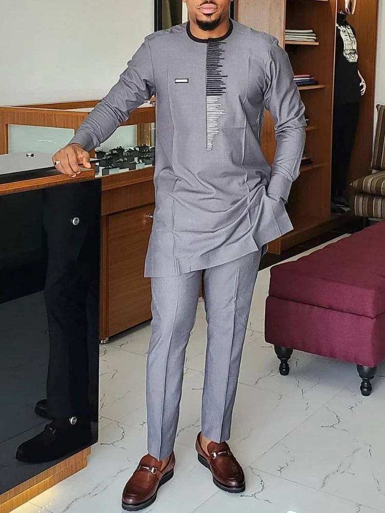 

Men's Set Luxury Fashion Casual Gray Printed Long sleeved Top and Pants Two piece Set African Ethnic Social Set