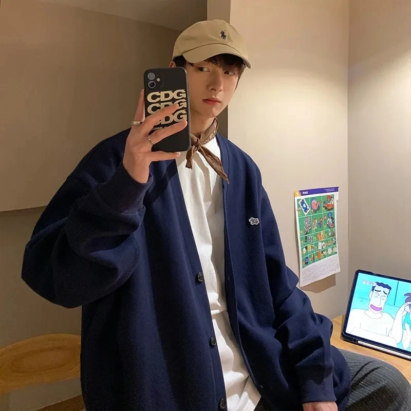 

Повседневная Толстовка, мужской кардиган, весна-осень, японский колледж, однобортная свободная парная куртка, модное однотонное пальто с V-образным вырезом