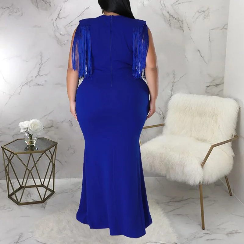 Temperament Back Zipper Slim Plus Size Party Dress Summer Women Sexy V-Neck Patchwork Tassel Sleeveless Bag Hip Maxi Long Dress