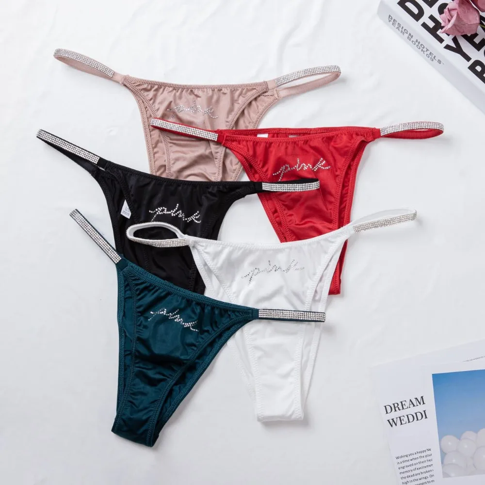 

Women Sexy Low Waist Hollow Ice Silk Panties Underwear Personalized Rhinestone Heart Thongs Sexy Panties