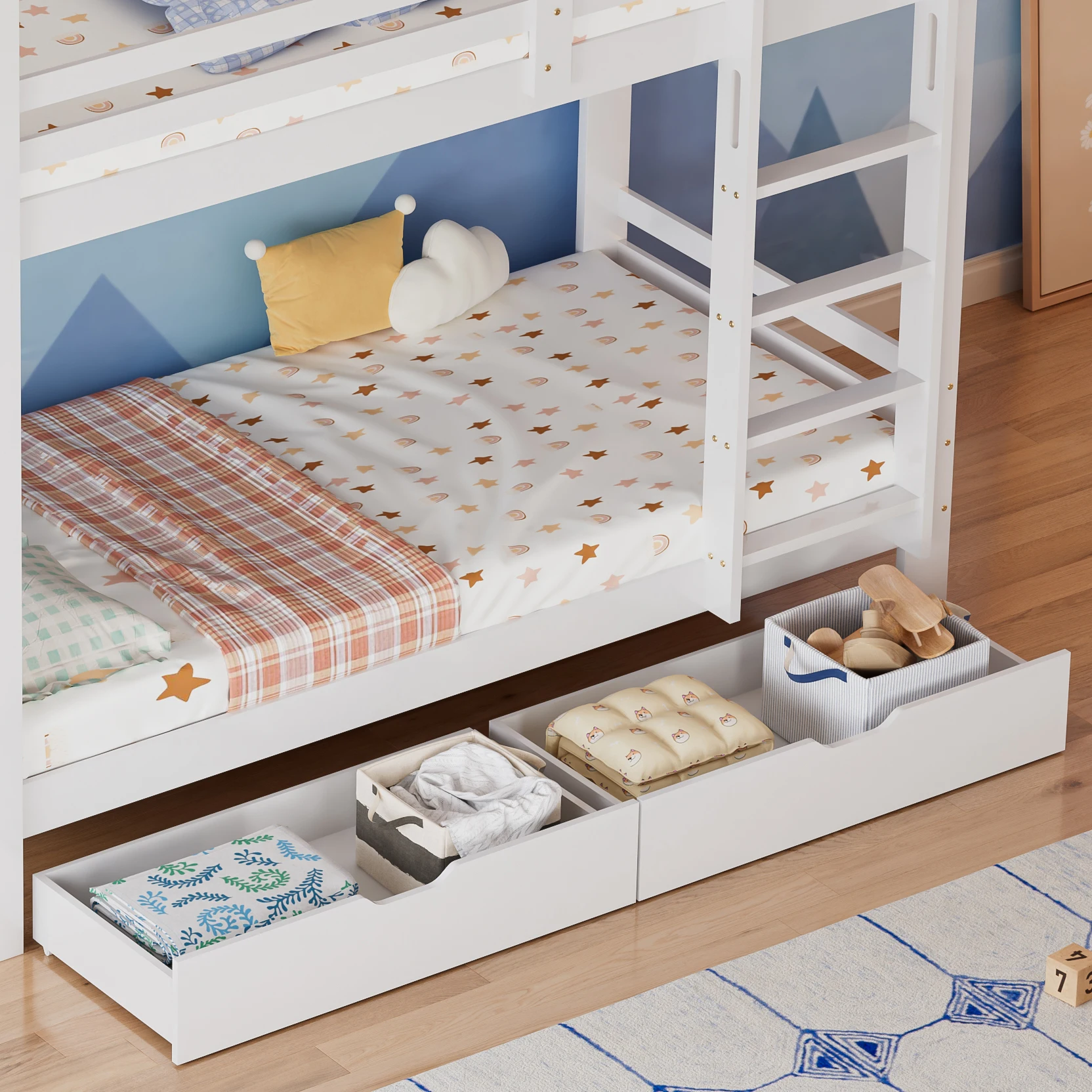 Etagenbett mit Schubladen und Regalen, Hausbett mit dreistufiger rechtwinkliger Leiter, Kinderbett mit Absturzsicherung und Geländer. – Detail 25