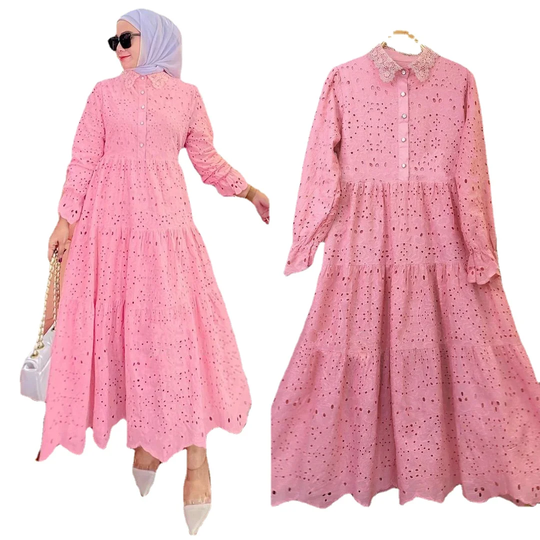 Long Dresses With Sleeves Islamic Southeast Asian Indonesian Women's Clothing Embroidery Hollow Lace Dress Ensembles Musulmans