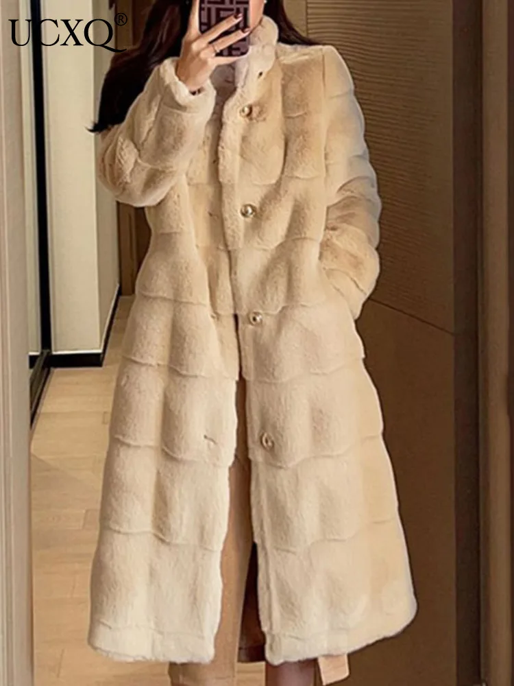 UCXQ-Mink Fur Coat Women Stand Neck High Quality Plush Thick Overcoat Casual Loose Single Breasted Mid Long Jacket Autumn 2024